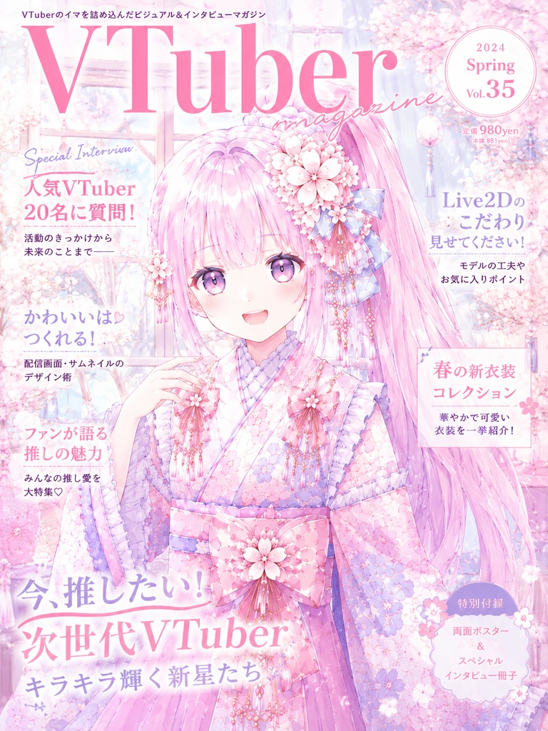 【一点物・限定立ち絵】桜の和風美少女|ピンク髪・着物・和装・水彩画・ファンタジー【表情差分・ちびキャラ・購入者限定イラスト付き・商用利用可】