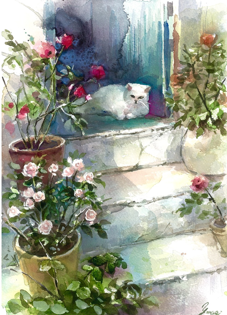 水彩画 原画 階段の上の白猫