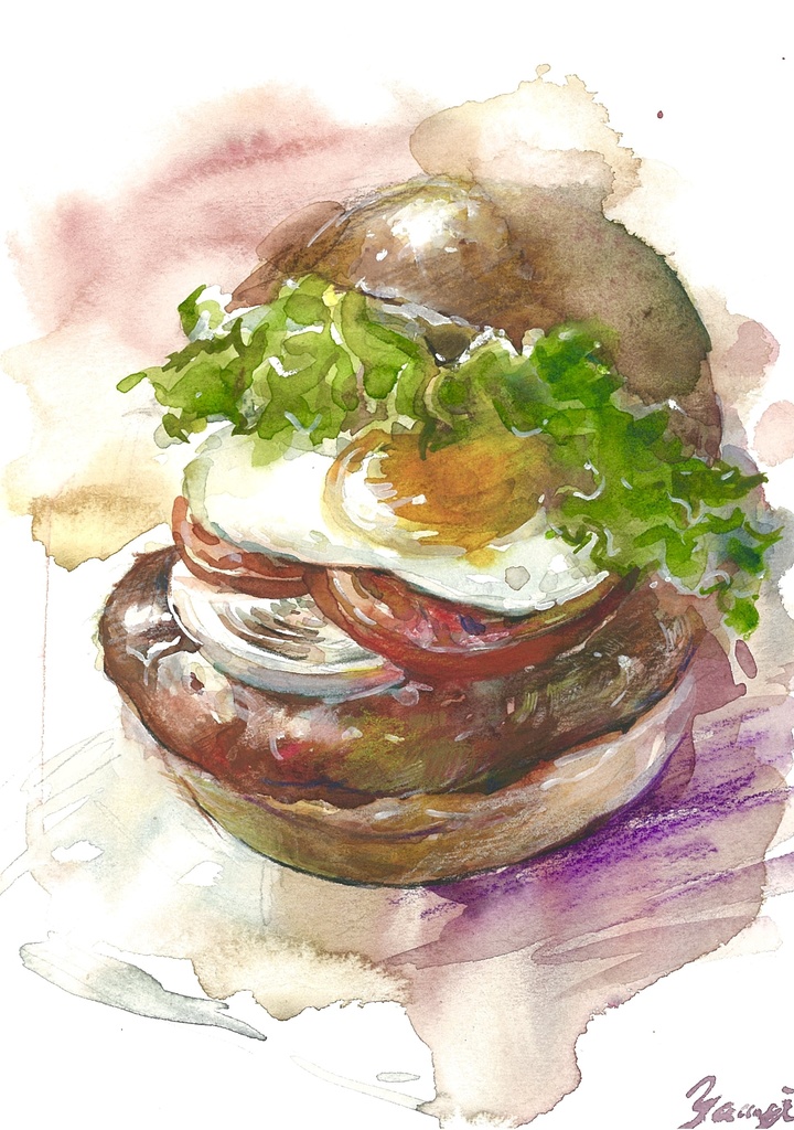 水彩画 原画 ハンバーガー