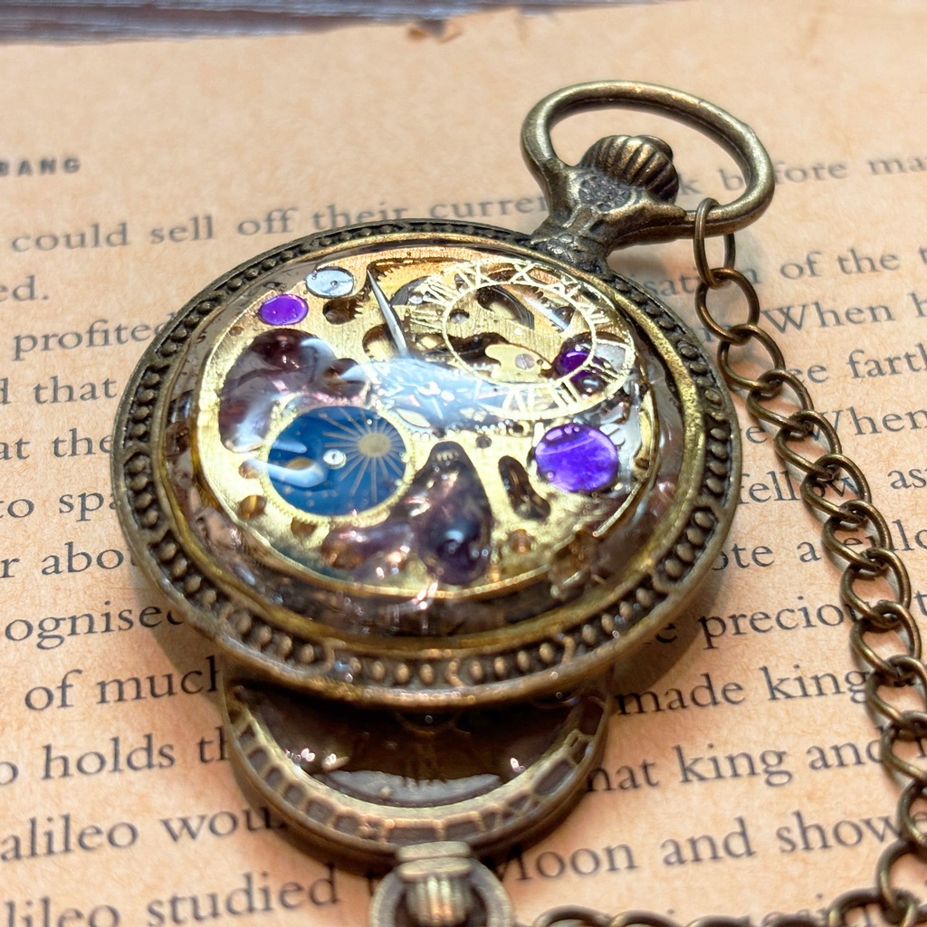 蒸気婦人の帯留め【スチームパンク風】時計部品と鉱石のアクセサリー