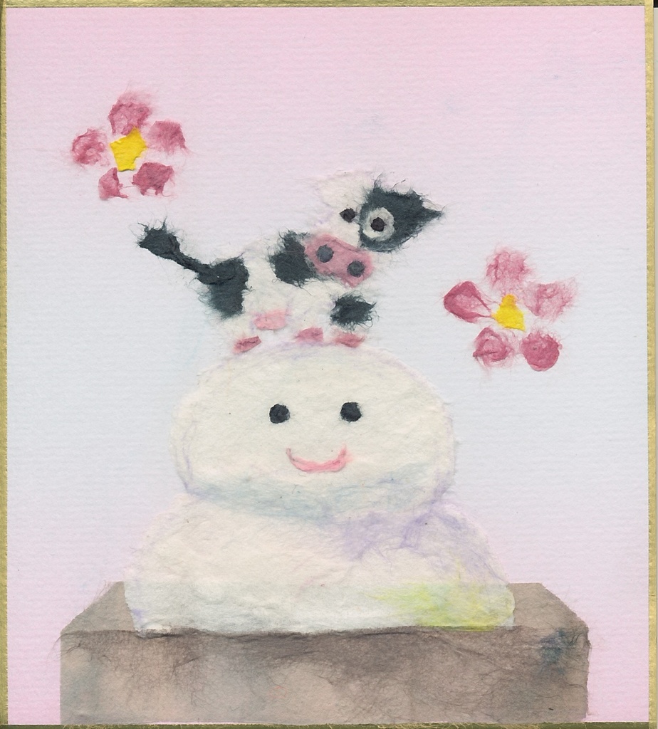 ちぎり絵　鏡餅と牛は似てる？