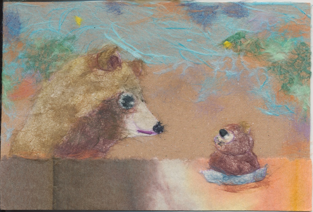 「たぬき、たぬきケーキと出会う」ちぎり絵原画