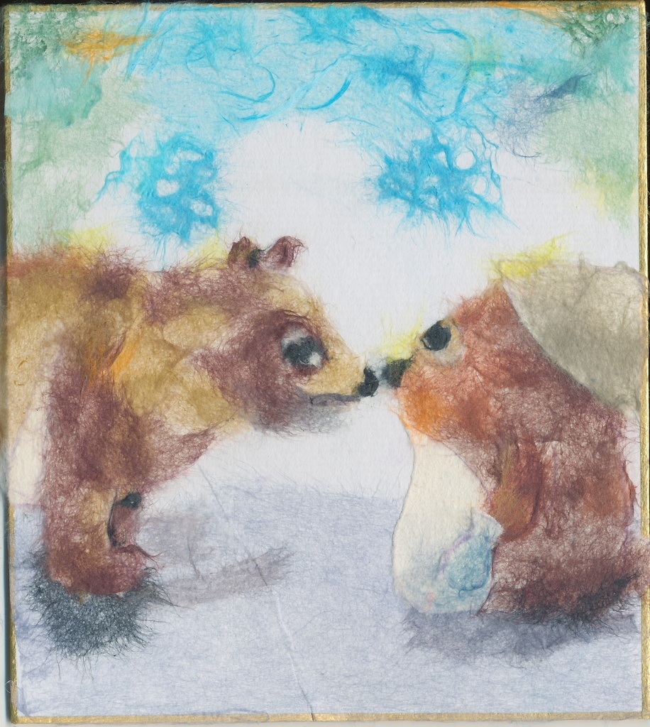 「たぬき、たぬきの置物に出会う」ちぎり絵原画