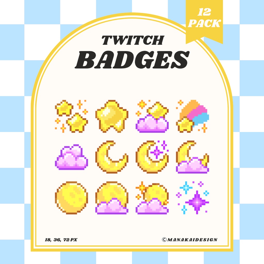 【Twitch対応】夜空のサブスクバッジ ▶︎3色・12種 ドット絵🌙