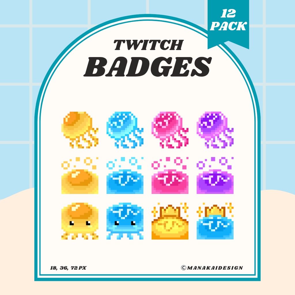 【Twitch対応】ネオンなクラゲのサブスクバッジ ▶︎12個 ドット絵🪼