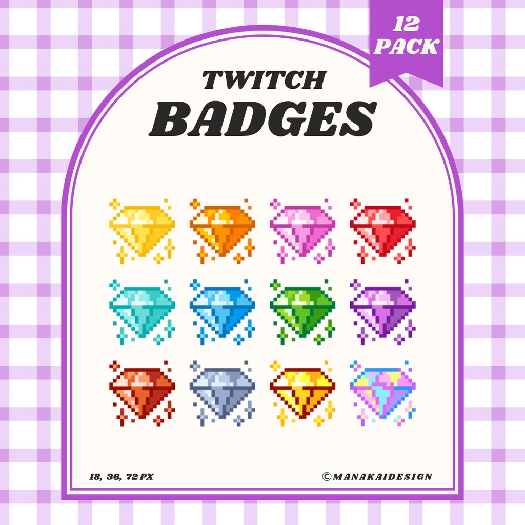 【Twitch対応】カラフルなダイヤモンドのサブスクバッジ ▶︎12個 ドット絵💎