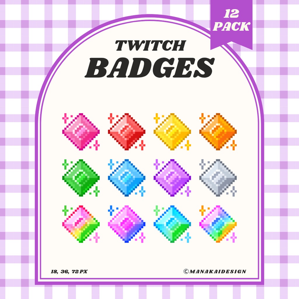 【Twitch対応】カラフルな宝石のサブスクバッジ ▶︎12個 ドット絵