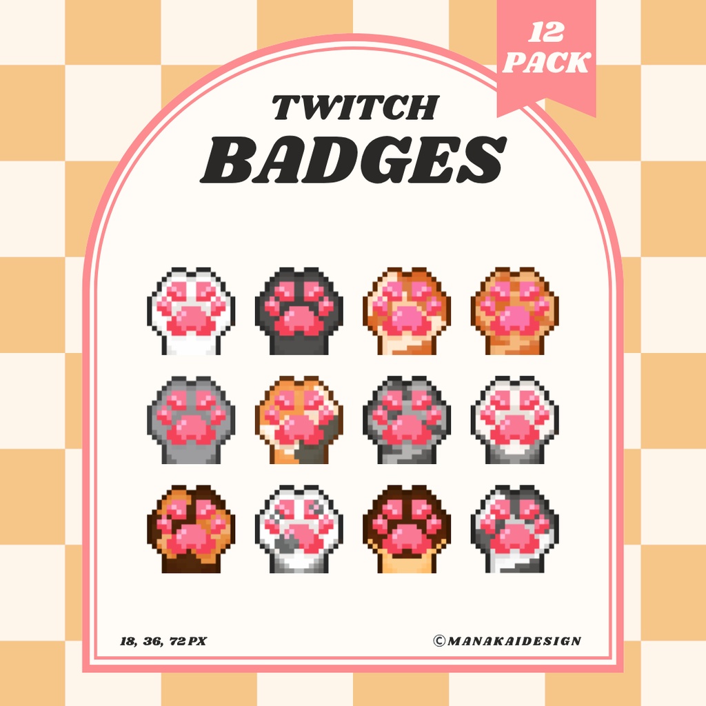 【Twitch対応】ネコの肉球🐾のサブスクバッジ ▶︎12個 ドット絵