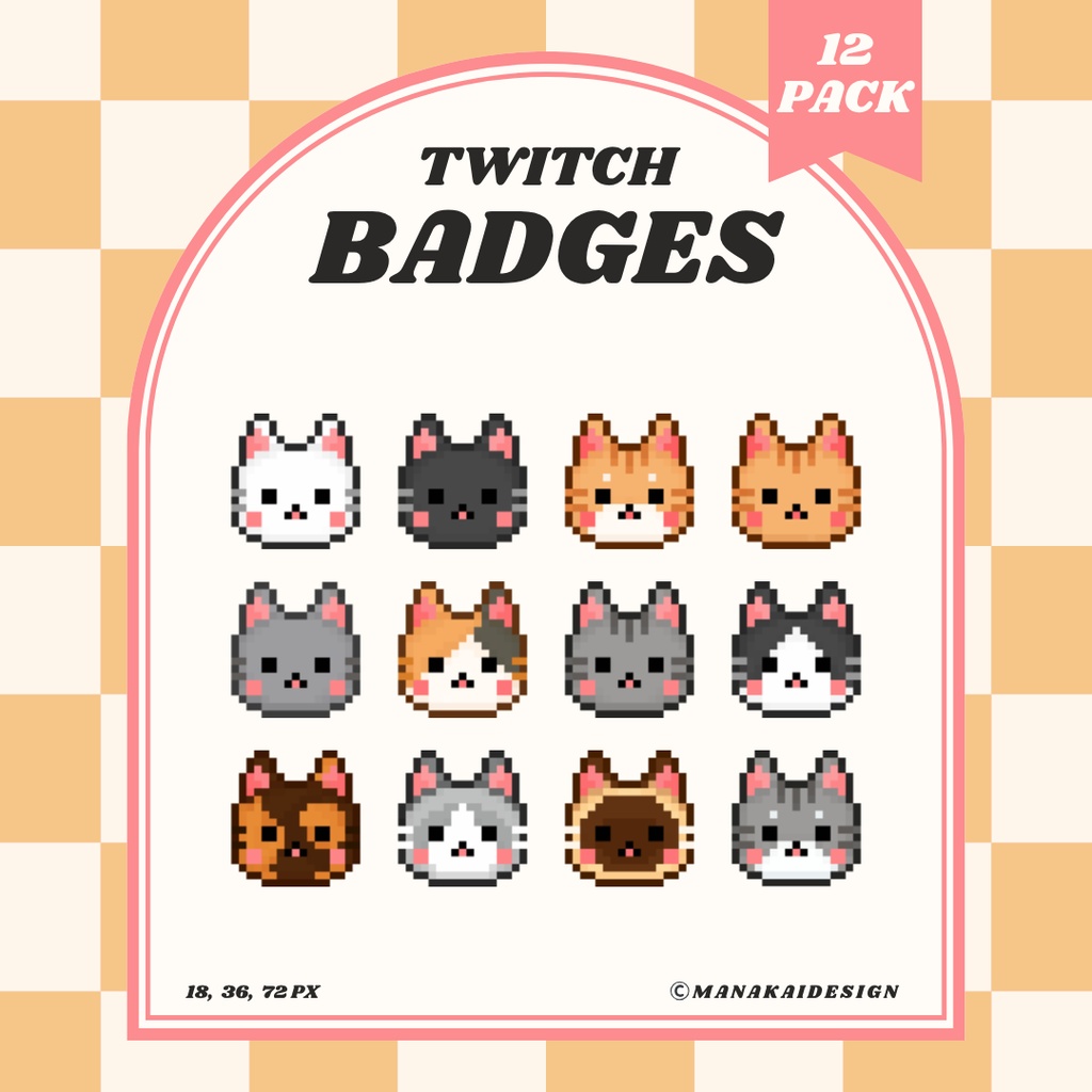 【Twitch対応】ネコ😺のサブスクバッジ ▶︎12個 ドット絵