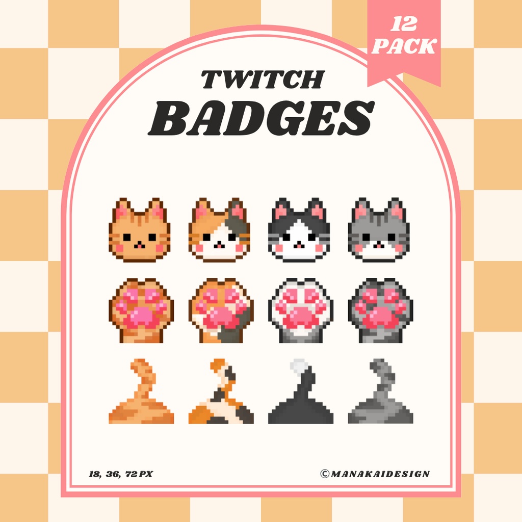 【Twitch対応】ネコ🐈のサブスクバッジ ▶︎12個 ドット絵