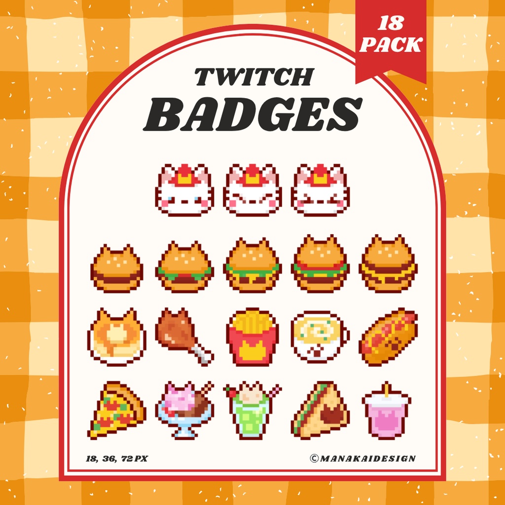 【Twitch対応】ネコのハンバーガー屋さん🍔のサブスクバッジ ▶︎18個 ドット絵