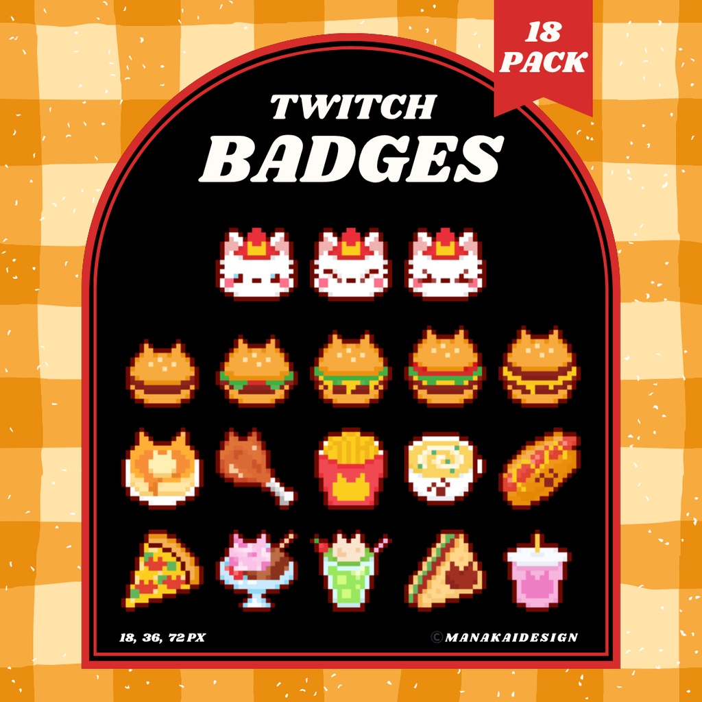 【Twitch対応】ネコのハンバーガー屋さん🍔のサブスクバッジ ▶︎18個 ドット絵