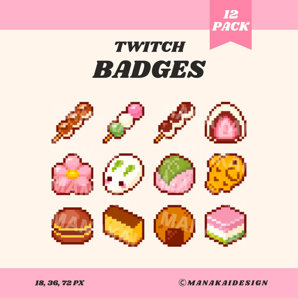 【Twitch対応】和菓子🍡のサブスクバッジ ▶︎12個 ドット絵