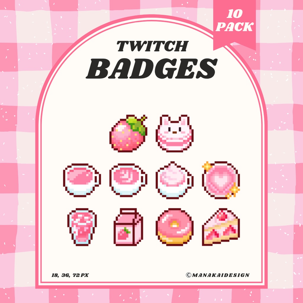 【Twitch対応】ピンクカフェ🍓のサブスクバッジ ▶︎12個 ドット絵