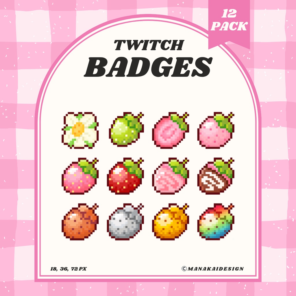 【Twitch対応】いちご🍓のサブスクバッジ ▶︎12個 ドット絵