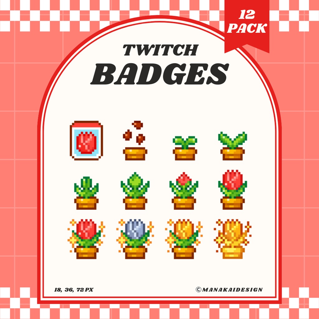 【Twitch対応】チューリップのサブスクバッジ ▶︎4色・12個・ドット絵