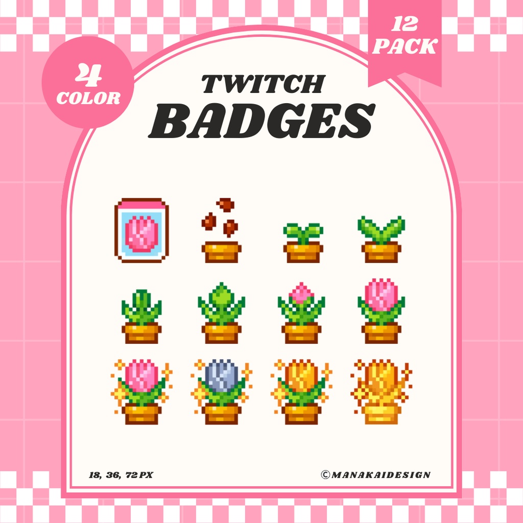 【Twitch対応】チューリップのサブスクバッジ ▶︎4色・12個・ドット絵