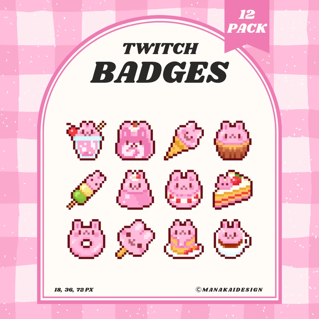 【Twitch対応】うさぎモチーフデザート🐰🩷のサブスクバッジ ▶︎12個 ドット絵