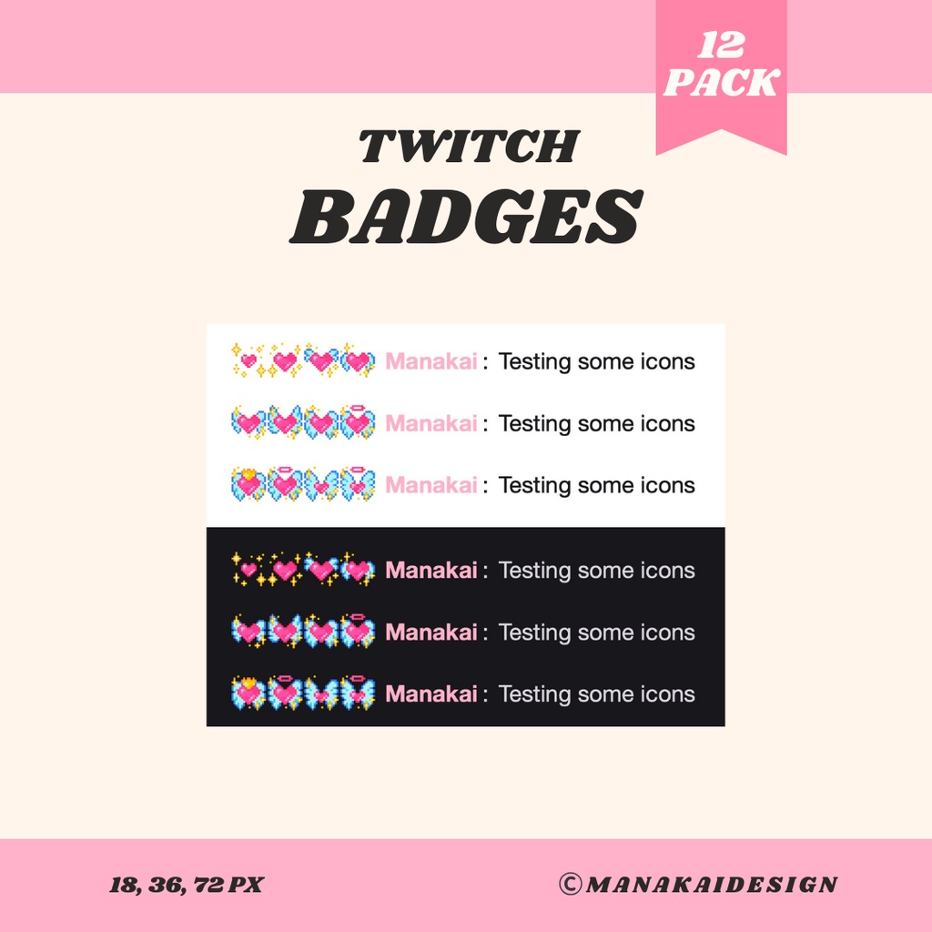 【Twitch対応】天使の羽・ピンクのハートがかわいいサブスクバッジ ▶︎12個 ドット絵