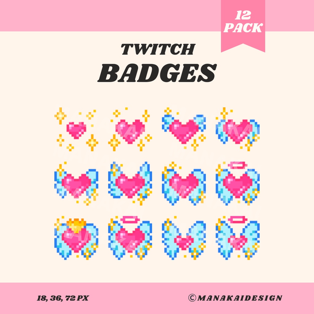 【Twitch対応】天使の羽・ピンクのハートがかわいいサブスクバッジ ▶︎12個 ドット絵