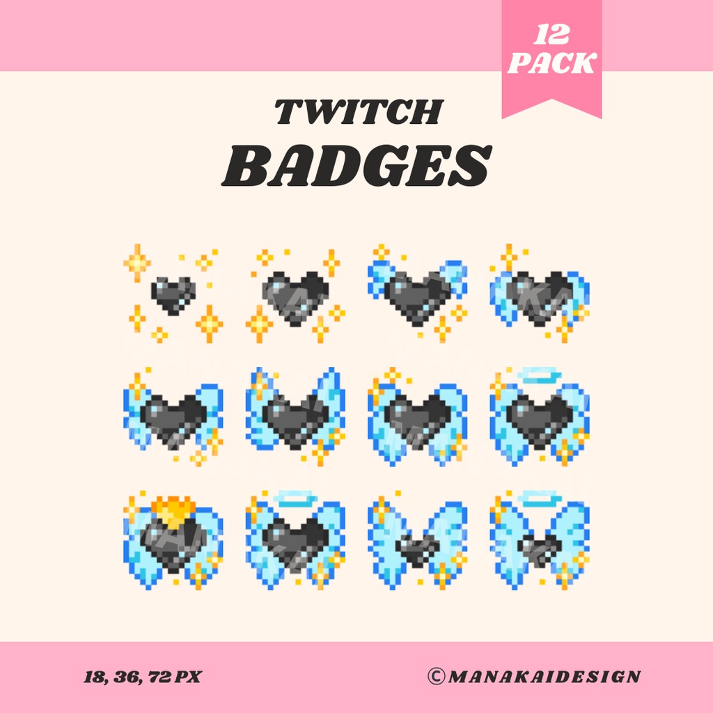 【Twitch対応】天使の羽・ブラックのハートがかわいいサブスクバッジ ▶︎12個 ドット絵