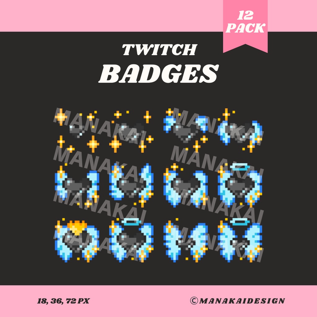 【Twitch対応】天使の羽・ブラックのハートがかわいいサブスクバッジ ▶︎12個 ドット絵