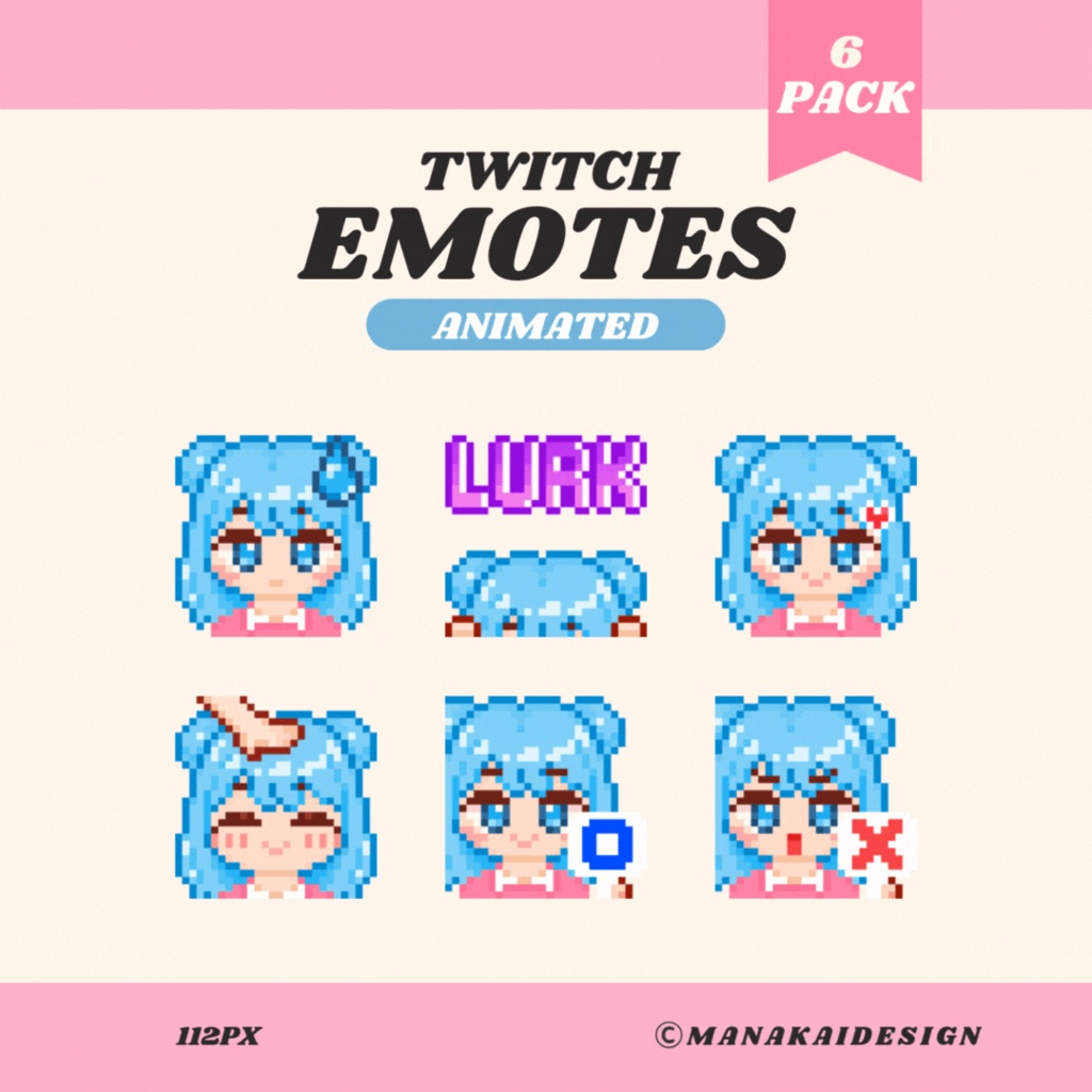 【Twitch対応】動く!青髪の女の子スタンプ ▶︎25個 ドット絵