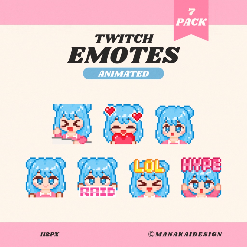 【Twitch対応】動く!青髪の女の子スタンプ ▶︎25個 ドット絵