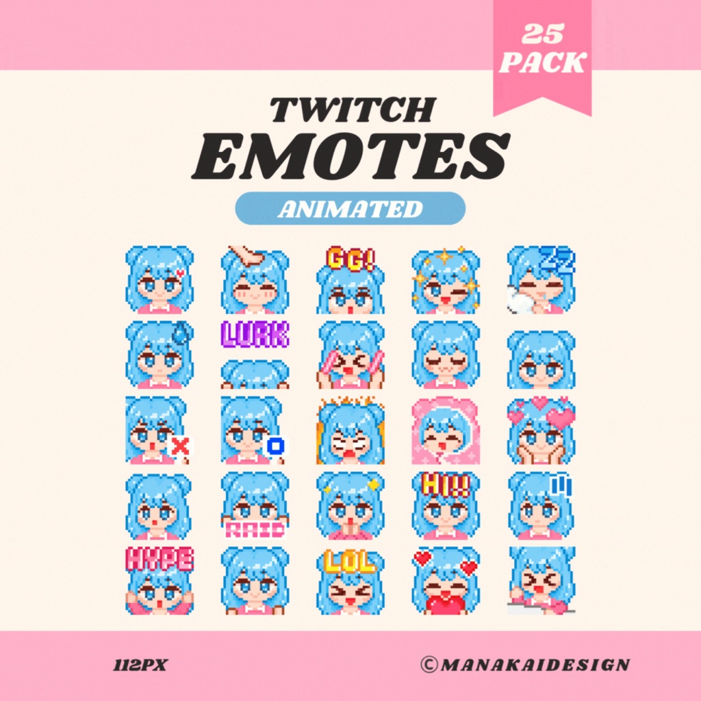 【Twitch対応】動く！青髪の女の子スタンプ ▶︎25個 ドット絵
