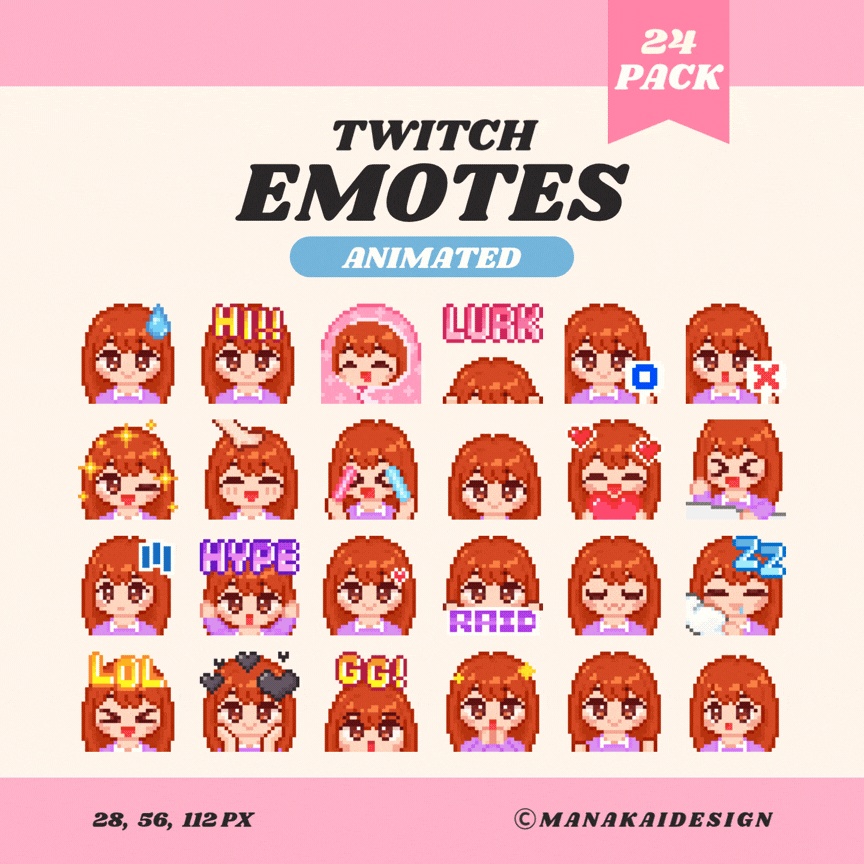 【Twitch対応】動く！茶髪の女の子スタンプ ▶︎24個 ドット絵