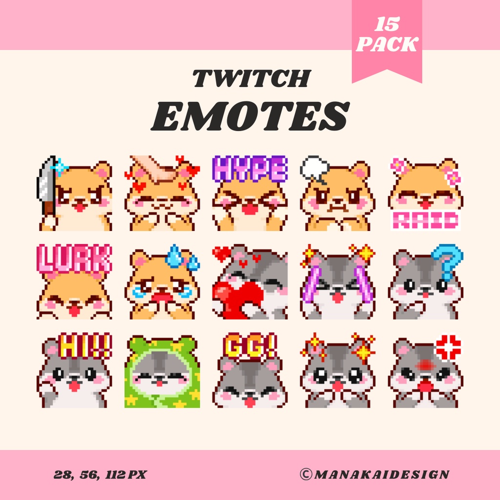  【Twitch/Discord】ハムスター（ゴールド・グレー） ▶︎ ドット絵スタンプ