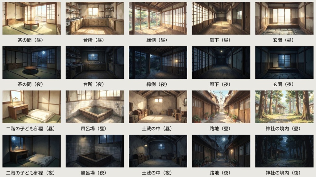 【AI生成】昭和の家とまわりの背景 昼夜セット 10場面20枚｜TRPG・ココフォリア・配信に（お試し0円あり）