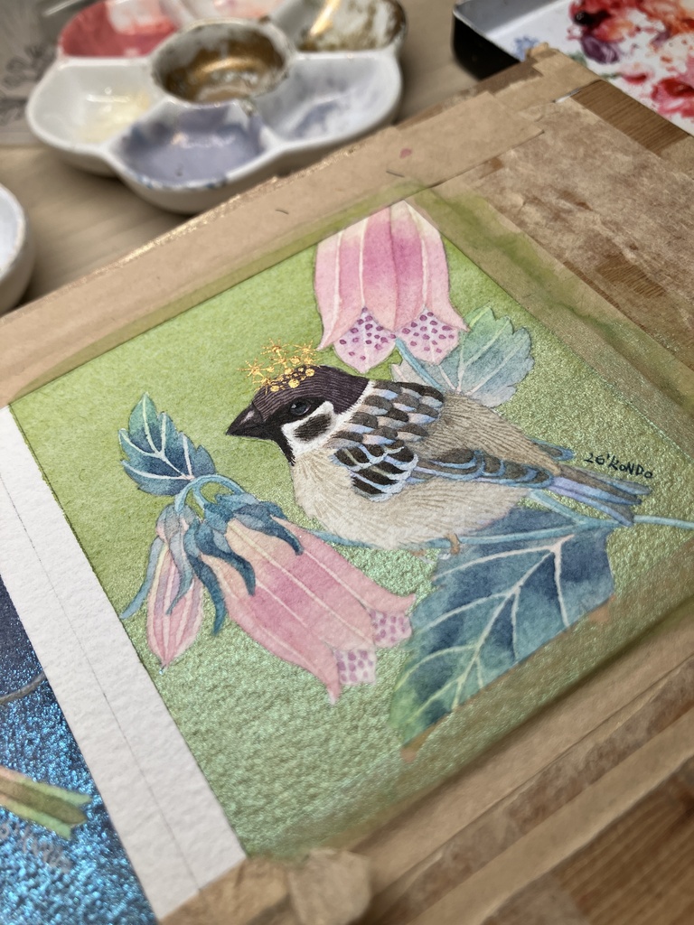 【原画】スズメとホタルブクロ