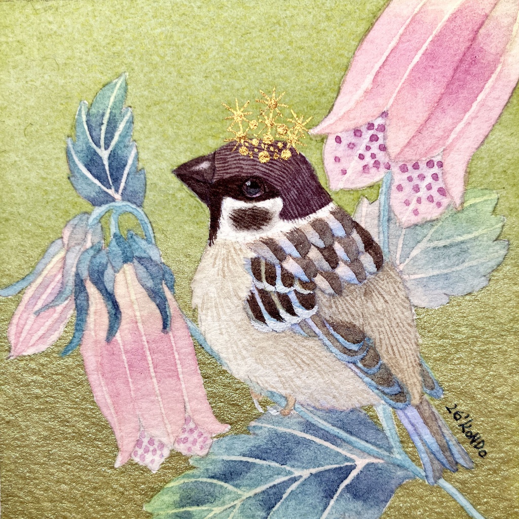 【原画】スズメとホタルブクロ
