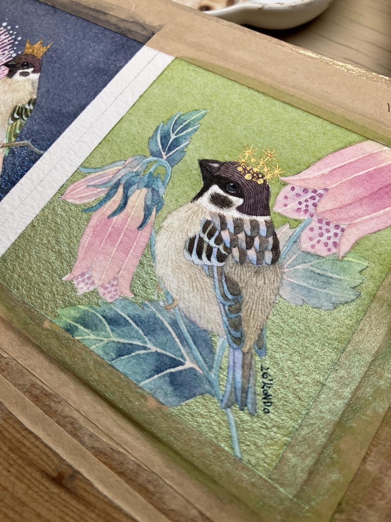 【原画】スズメとホタルブクロ