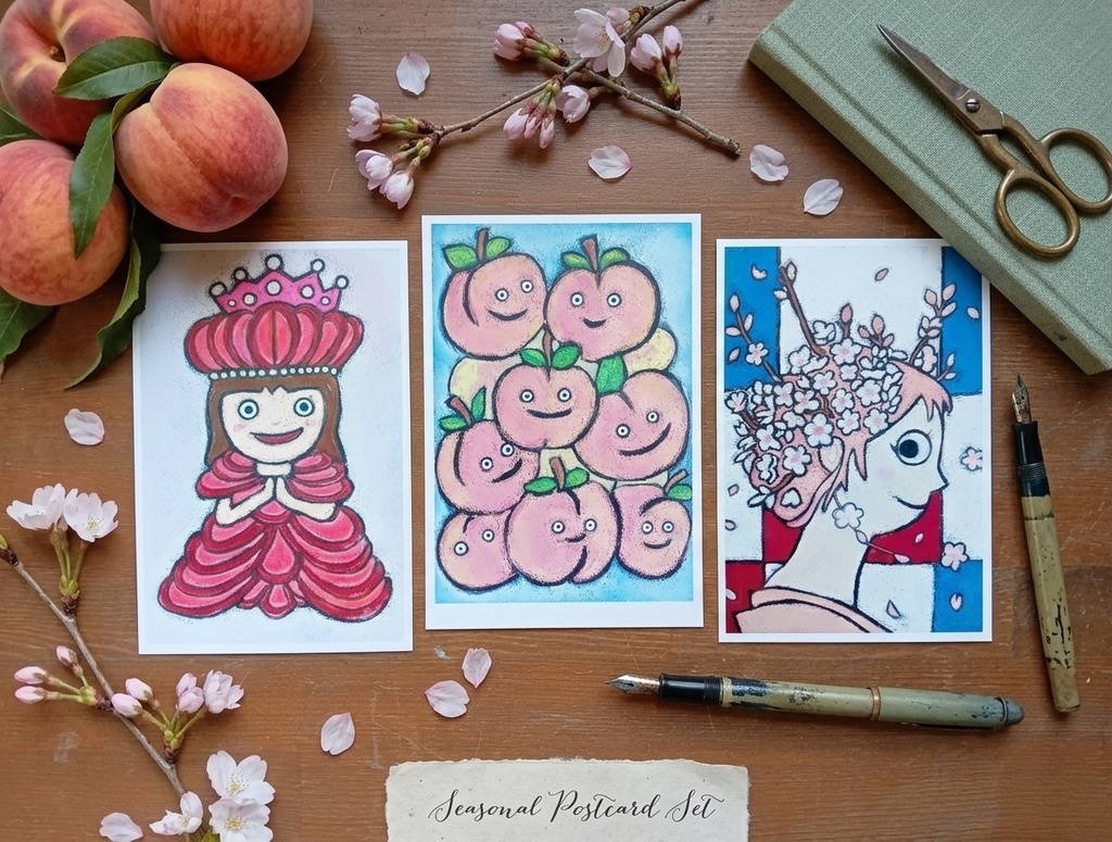 ​【印刷版】春を彩るパステル画ポストカード3枚セット（桜・桃・プリンセス）