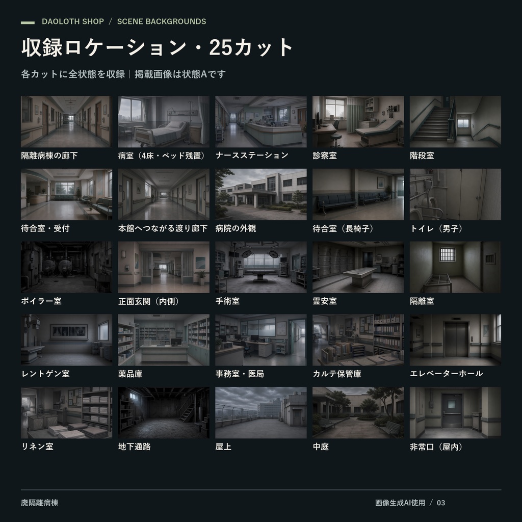 【TRPG・CoC背景素材】昭和の廃病院100枚|25カット×4状態・4K
