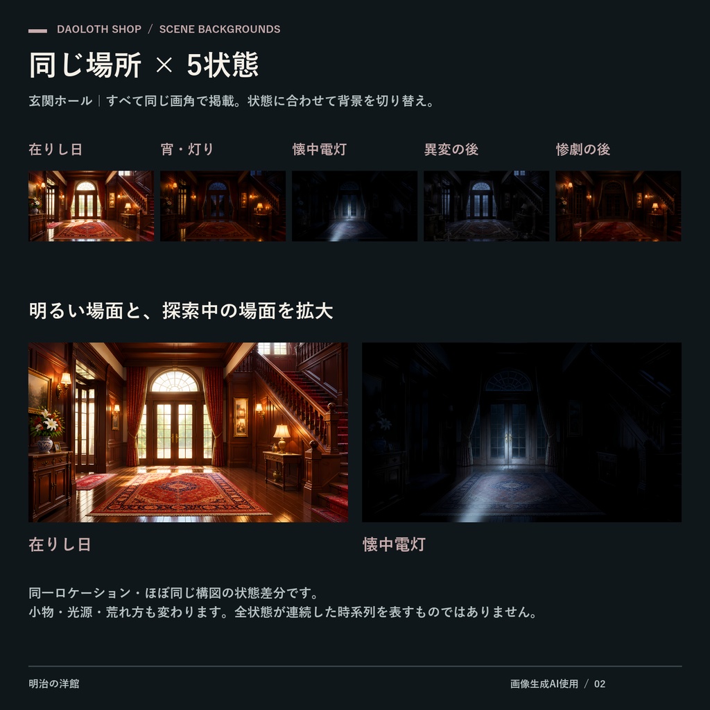 【TRPG・CoC背景素材】明治の洋館140枚|28カット×5状態・4K
