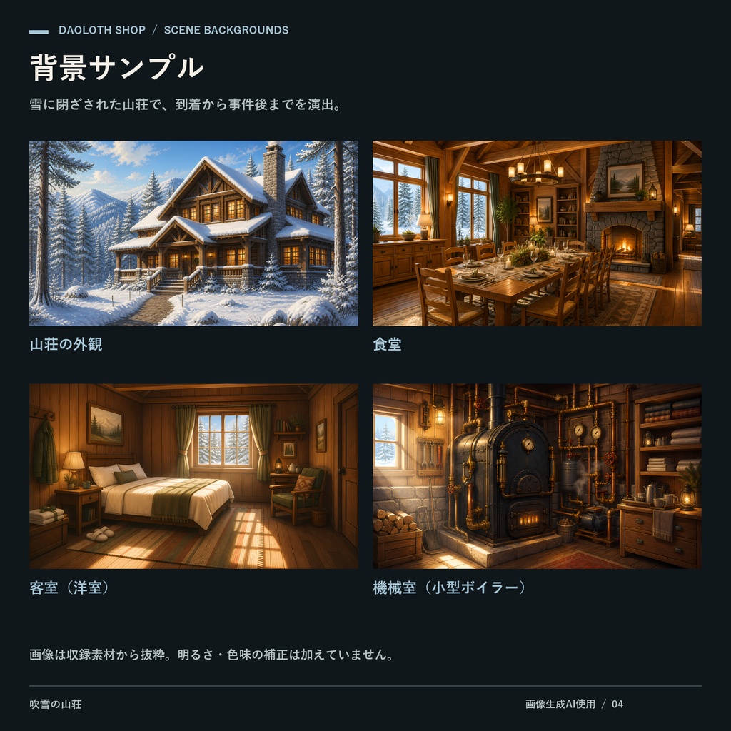 【TRPG・CoC背景素材】吹雪の山荘120枚|24カット×5状態・4K