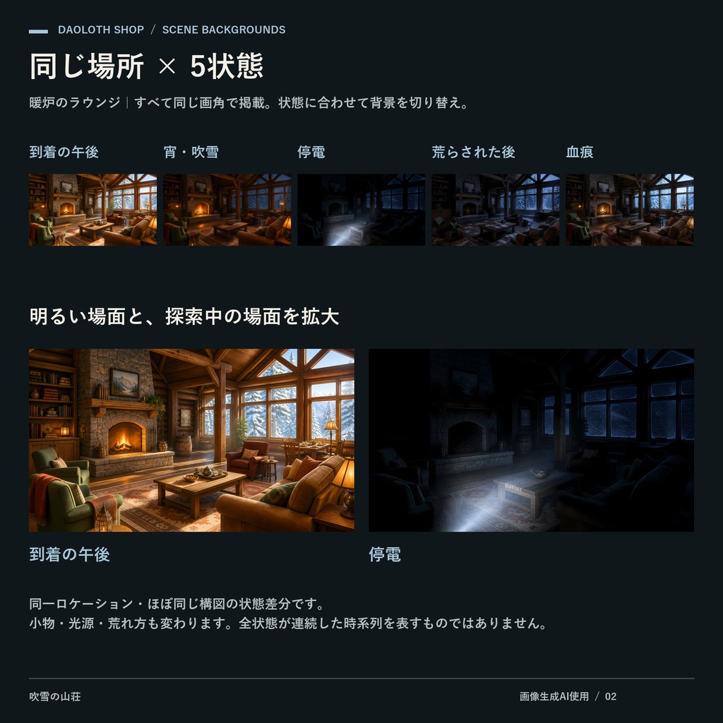 【TRPG・CoC背景素材】吹雪の山荘120枚|24カット×5状態・4K