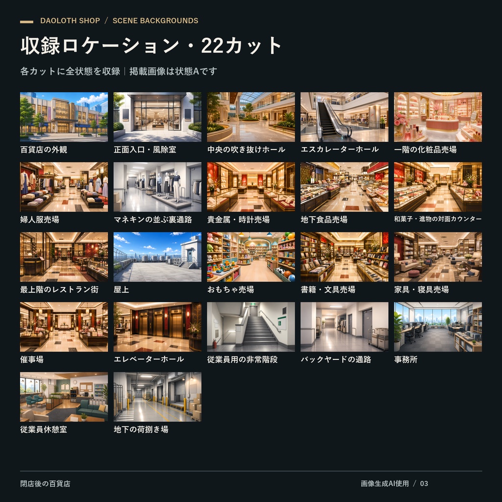 【TRPG・CoC背景素材】閉店後の百貨店110枚|22カット×5状態・4K