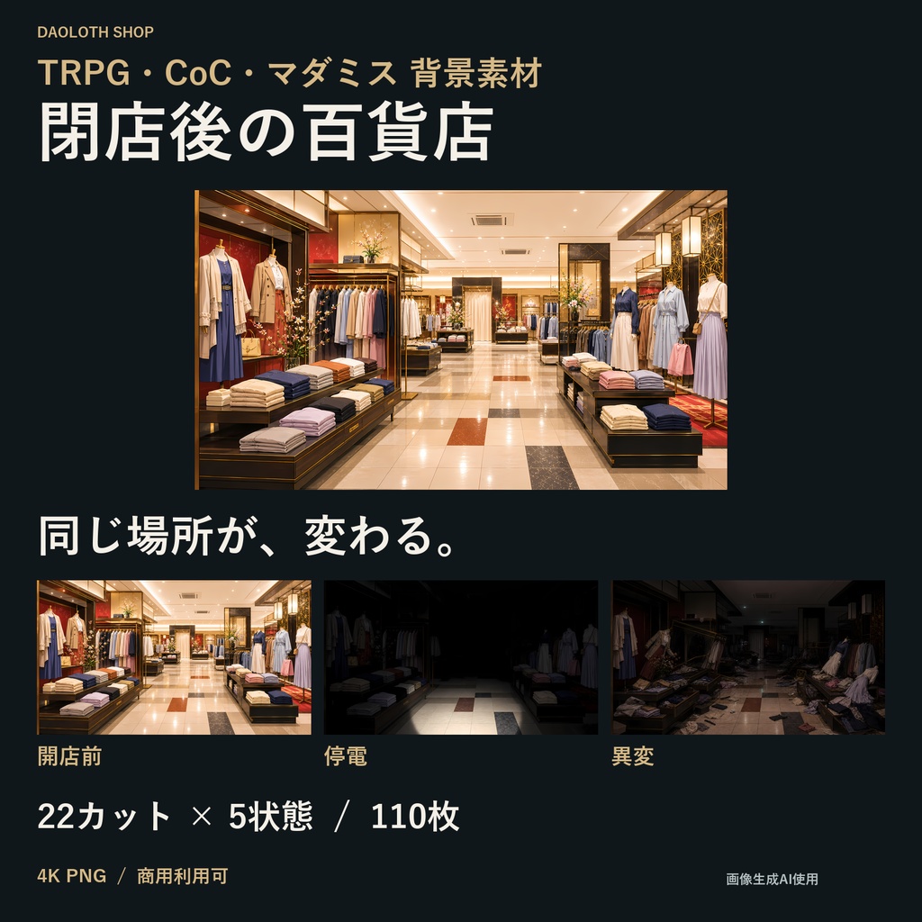 【TRPG・CoC背景素材】閉店後の百貨店110枚｜22カット×5状態・4K