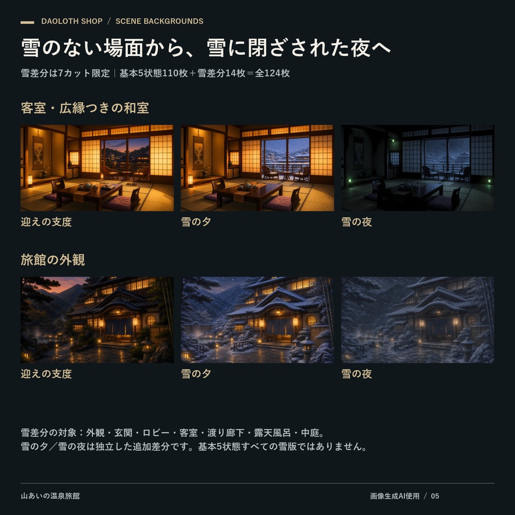 【TRPG・CoC背景素材】山あいの温泉旅館124枚|22カット・基本5状態+雪差分