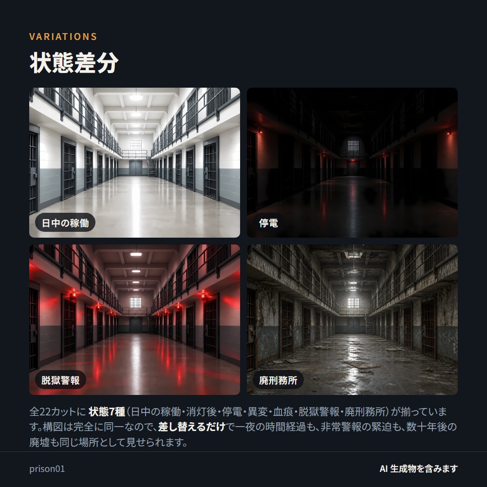 【背景素材】夜の刑務所 / 状態7種 154点|舎房・独居房・面会室・作業工場・地下通路