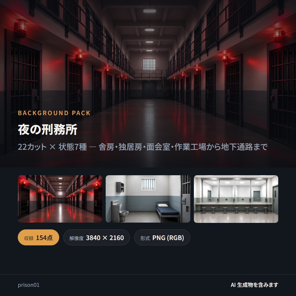 【背景素材】夜の刑務所 / 状態7種 154点｜舎房・独居房・面会室・作業工場・地下通路