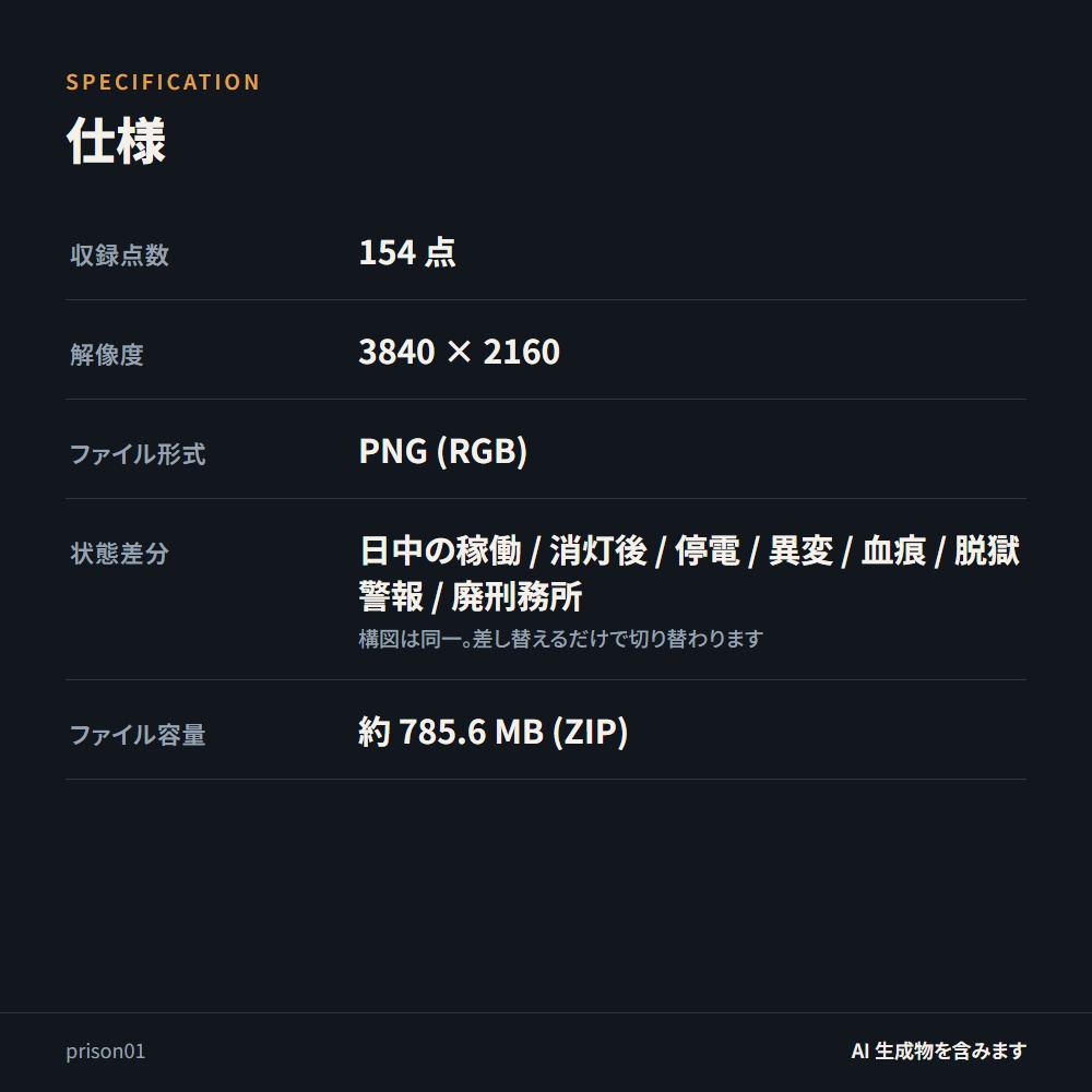 【背景素材】夜の刑務所 / 状態7種 154点|舎房・独居房・面会室・作業工場・地下通路