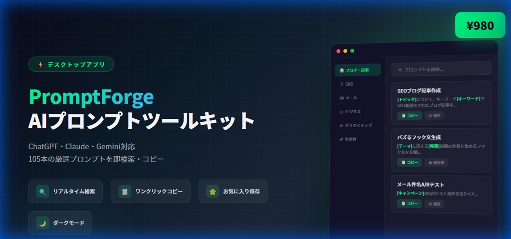 PromptForge - AIプロンプトツールキット｜105本収録デスクトップアプリ