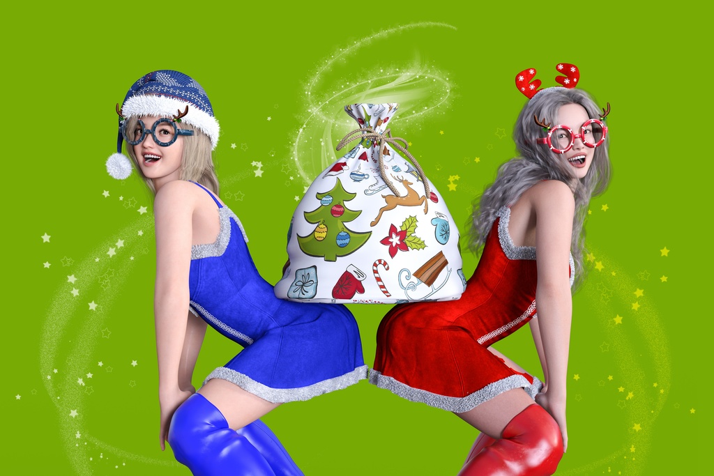 クリスマスの衣装の女性二人がお尻をつきあわせてプレゼントを乗せている