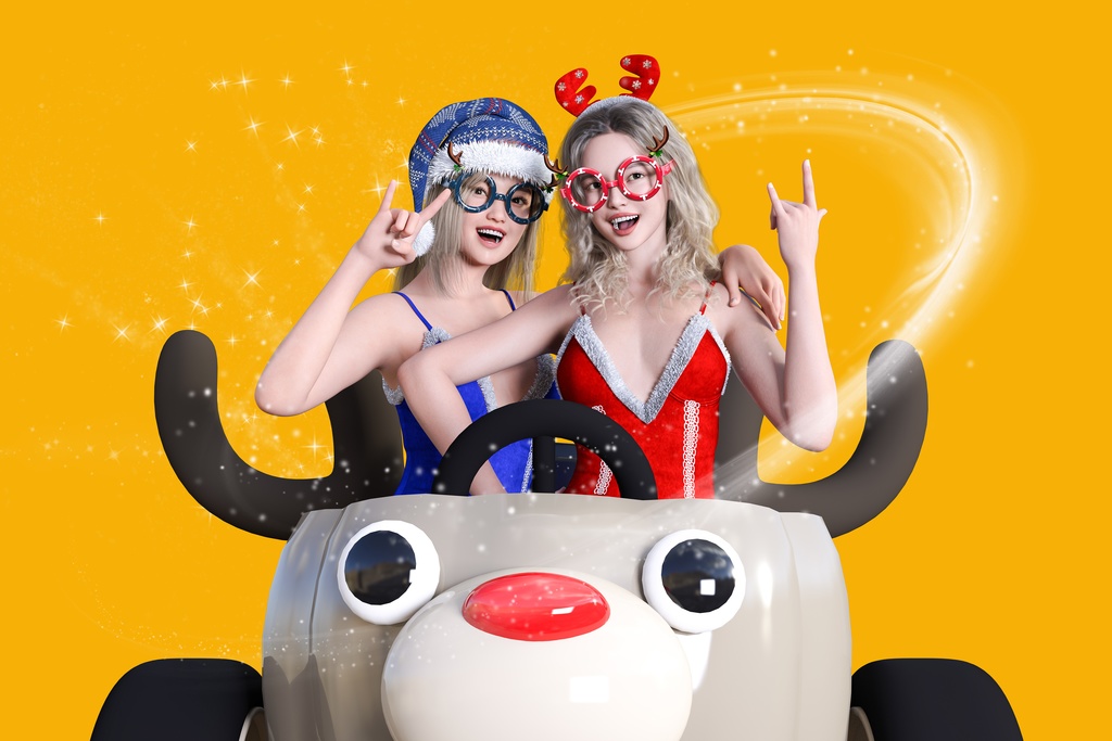 クリスマスの衣装の女性二人がトナカイの乗り物に入ってポーズ