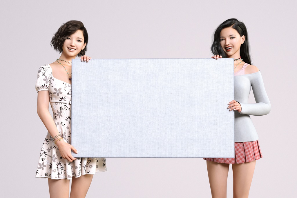 白いメッセージボードを持つ二人の笑顔の女の子